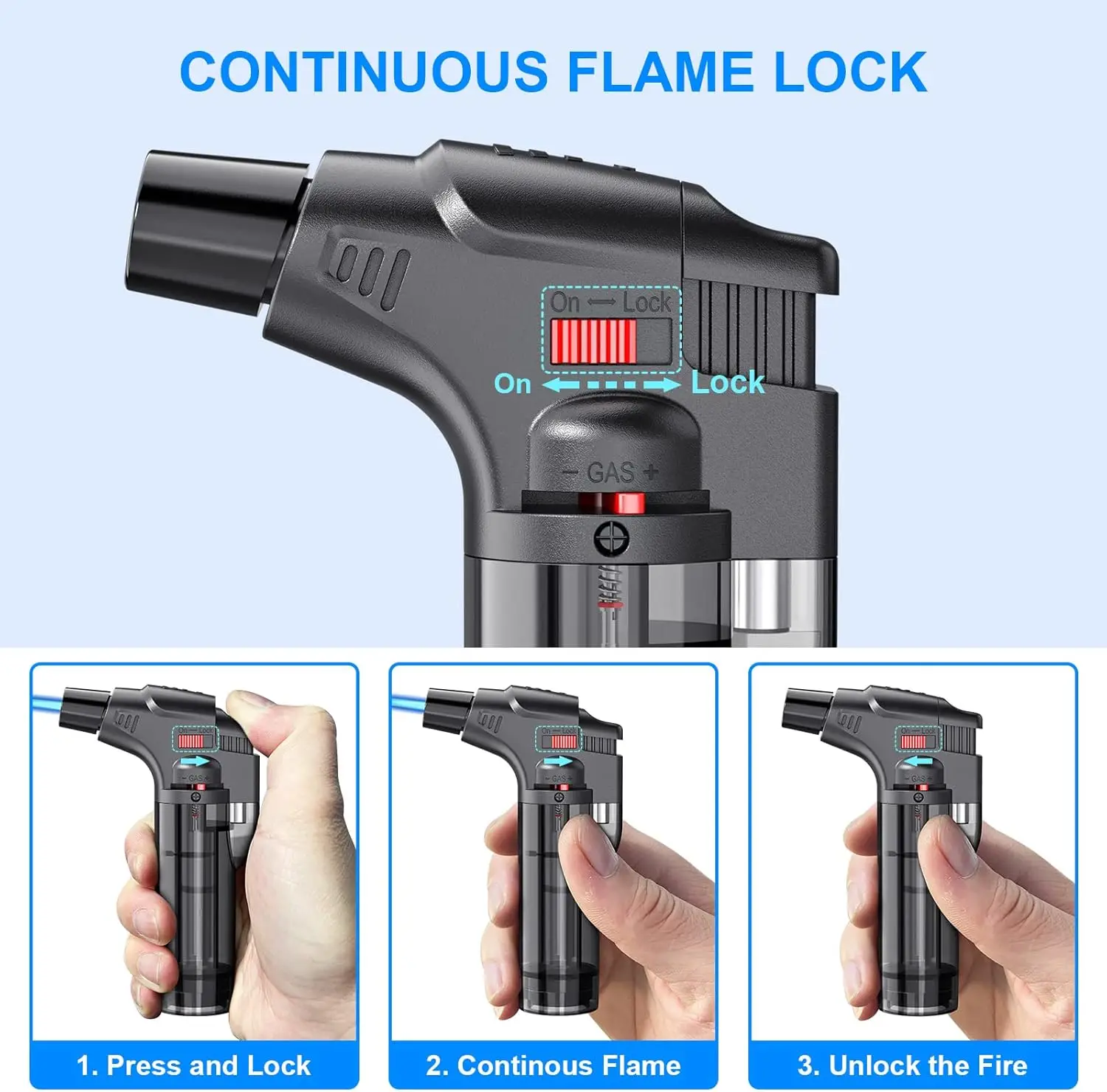 Encendedor de antorcha, encendedor de llama de chorro, encendedor de butano de Gas recargable con tanque de combustible Visible, llama ajustable a