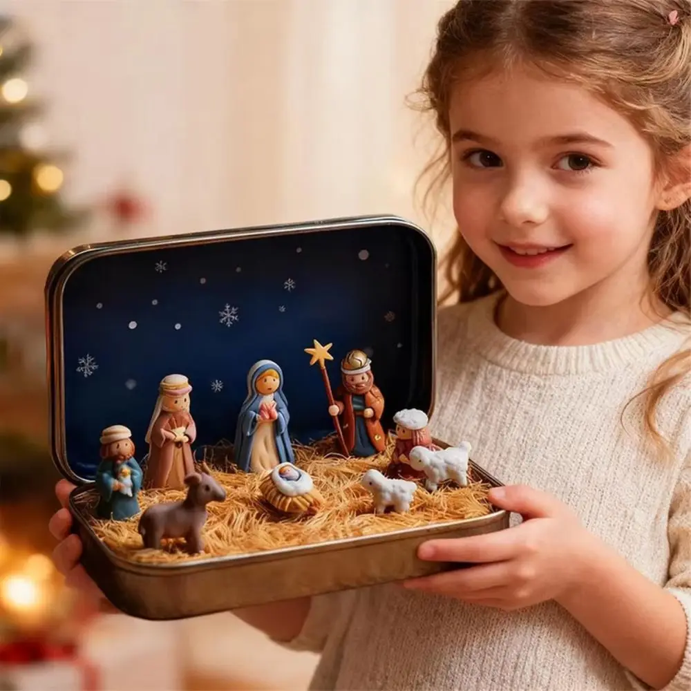 PVC Christmas Nativity Set Tin Box Packaging Horse Trough Design Nativity Figurine Set Mini Size Resin Scene Figurine