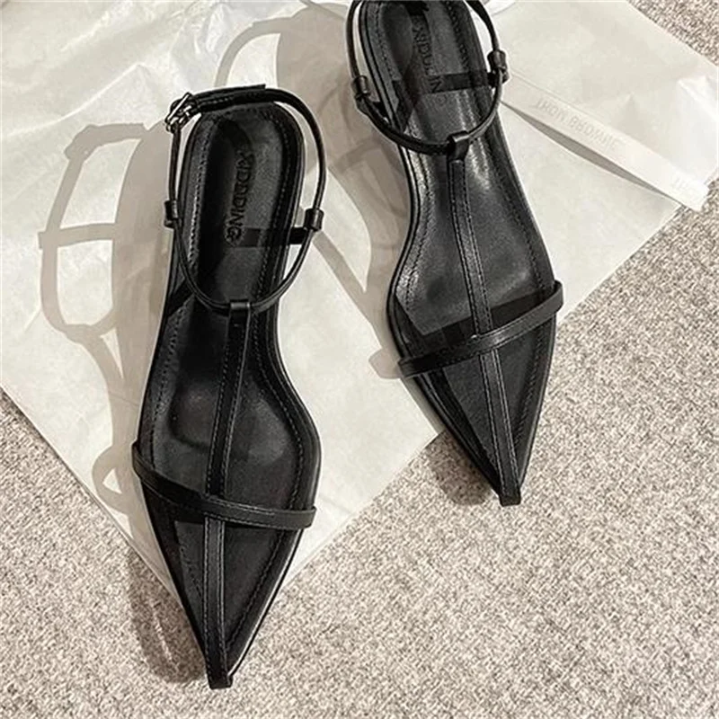 Crossover Strap Shoes for Lady Pointed Toes Women Mid Heels Sewing Lines Female Sandals PU Leather Tacones Buckle Chassure Femme