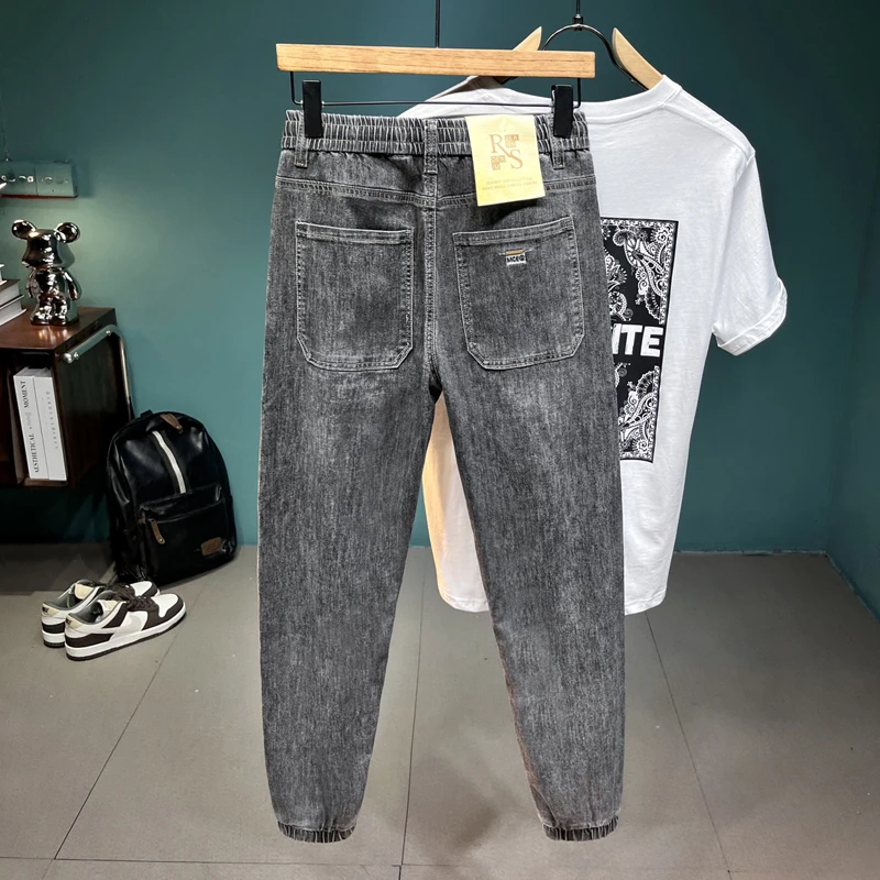 2024 New Ankle-Tied Jeans Men's Elastic Waist Design Fashionable Elastic Breathable All-Match Summer Thin Long