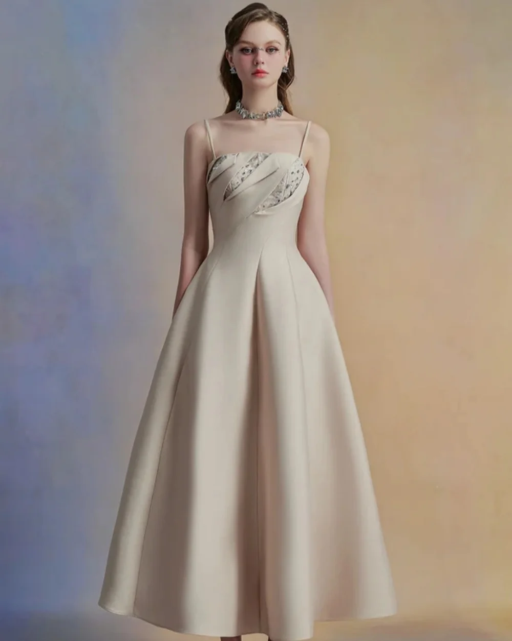 

Customized Modern Style Classic Jersey Rhinestone Ruched A-line Spaghetti strap Midi Dresses Bespoke Occasion Dresses Matching