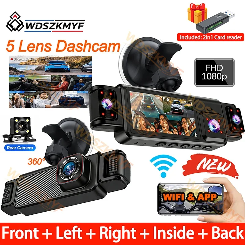 New 360 Degree 5Channel WiFi Dash Cam 1080P Full HD Car DVR APP WiFi Control Camera For Car Rear view Night Vision 24H Parking