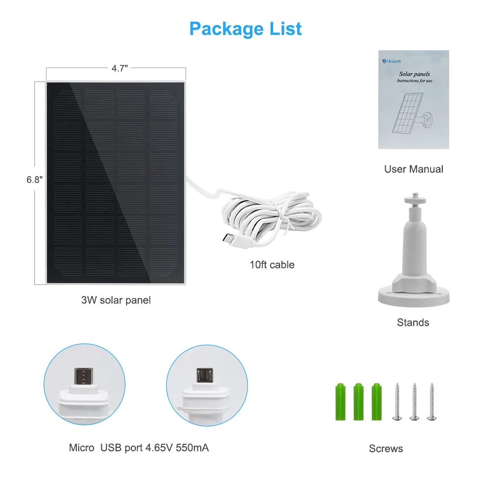 Unilook 3W Solar Panel For Outdoor Wireless Security Cameras Only Rechargeable Battery Powered（ Type C Interface） 10ft Cable