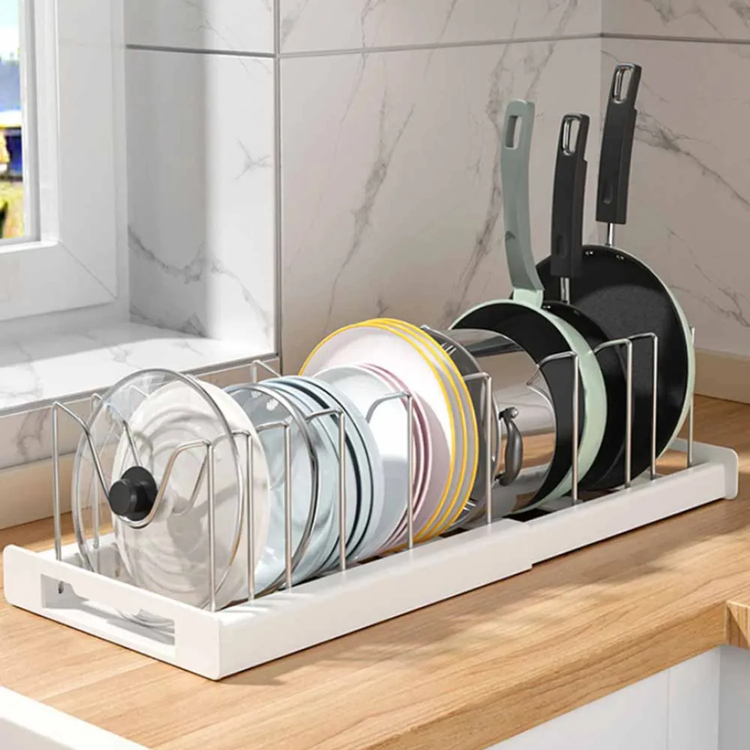 Organize Your Kitchen with this Stylish Cabinet Pot Rack and Pan Holder - Pans and Pots Lid Organizer with 7 Dividers, Essential