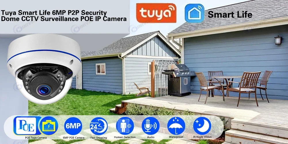 Samrt Life Ultra HD 6MP POE Camera Human Detect Dome Outdoor Audio IP Camera IR NightVision for TUYA POE NVR Surveillance System