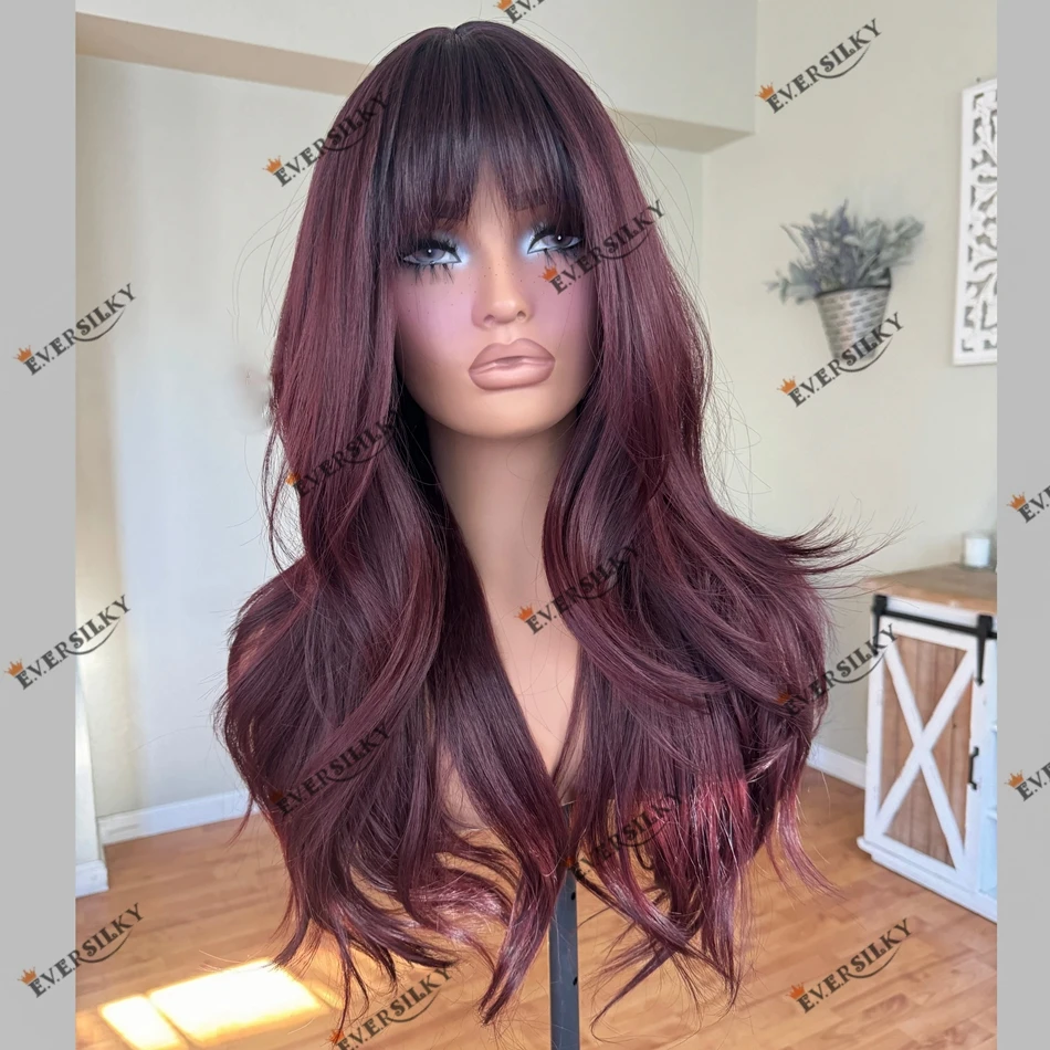 

Human Hair Fringe Style Ombre Plum Burgundy Wavy Women Wig 360 Lace Frontal Wig 200 Density Remy Indian Hair Lace Front Wigs