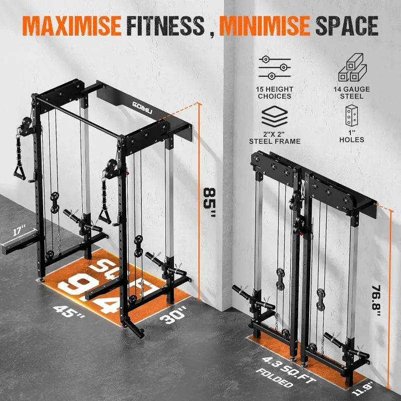 WM3-V4 Folding Squat Rack, Wall Mounted Power Rack with Dual Independent Pulley System, Functional Trainer with 5 Adjustable