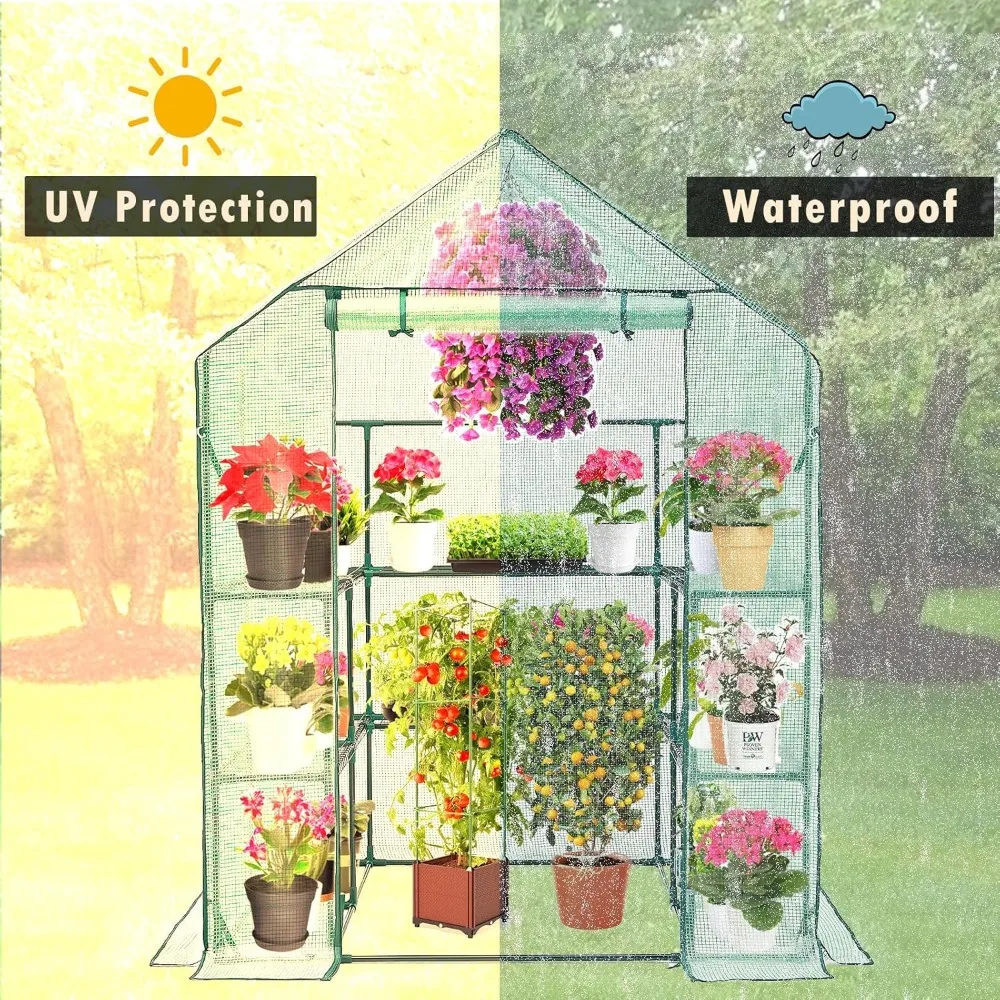 Outdoor Walk-in Greenhouse with Thickened PE Cover, Heavy Duty Steel Frame, Mesh Door, and Screen Windows, 14 Sturdy Shelves