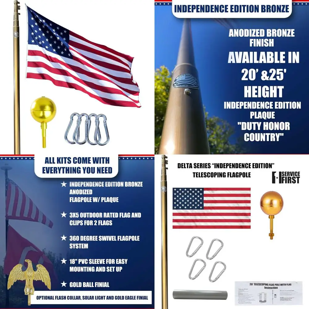 

Bronze 25-Foot Telescoping Flagpole Kit for Outdoor Home Use with Ground Mount - Anti-Tangle Swivel Ring and 100MPH Wind Resista