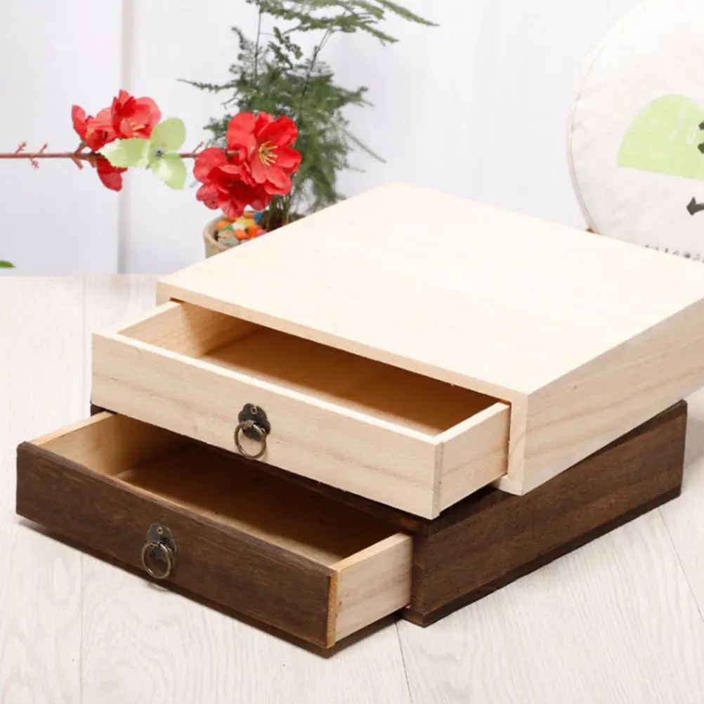 

Multi Layer Tea Cake Box 2 Tiers Wooden Storage Container Vintage Drawer Pu'er Tea Box Eco Friendly Smooth Polishing Kitchen Bar