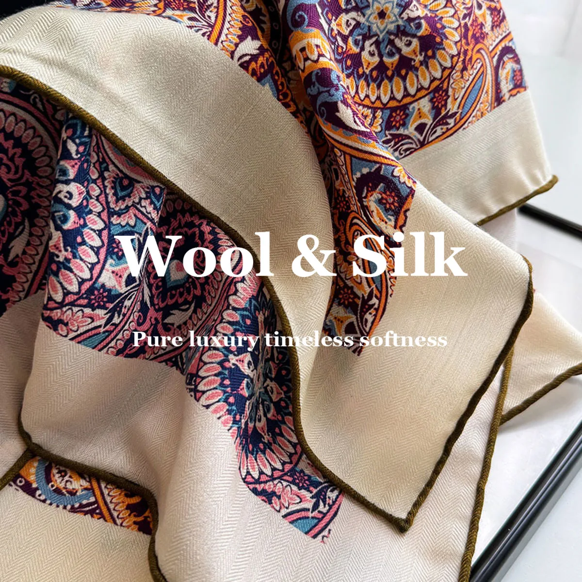 

New 82% Wool 18% Real Silk Scarf Paisley Print Shawl Wrap Bandana Headband Hijab Poncho Square Scarves Pashmina Multi-functional