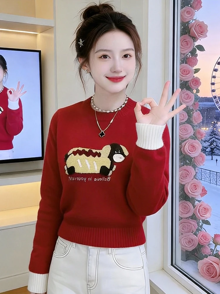 

Уникальный вязаный свитер с круглым вырезом для женщин, зимний, новый, маленький размер, скрывающий недостатки фигуры, корейский стиль, свободный крой, удлиненный.