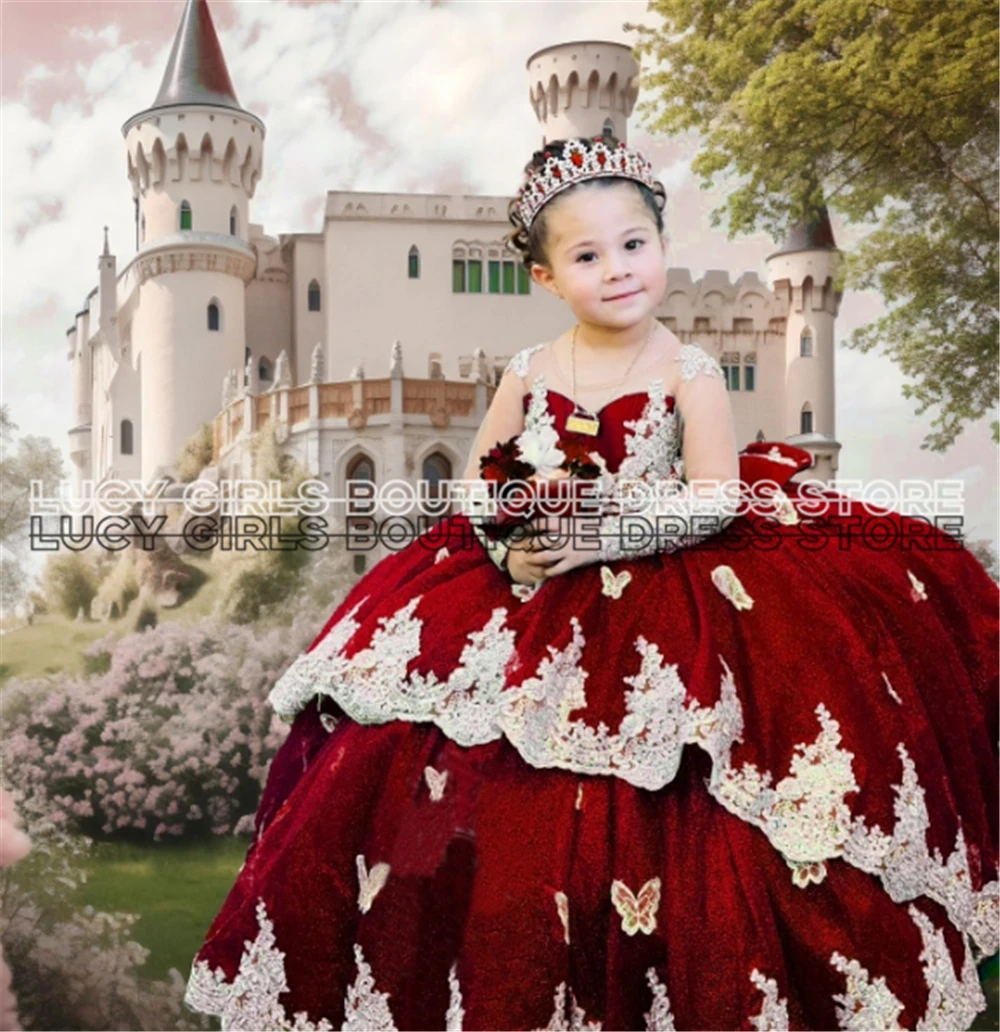 

Elegant Quality Flower Girl Dress Red Tulle Fluffy Exquisite Lace Applique With Bow Little Princess Birthday Party Ball Gowns