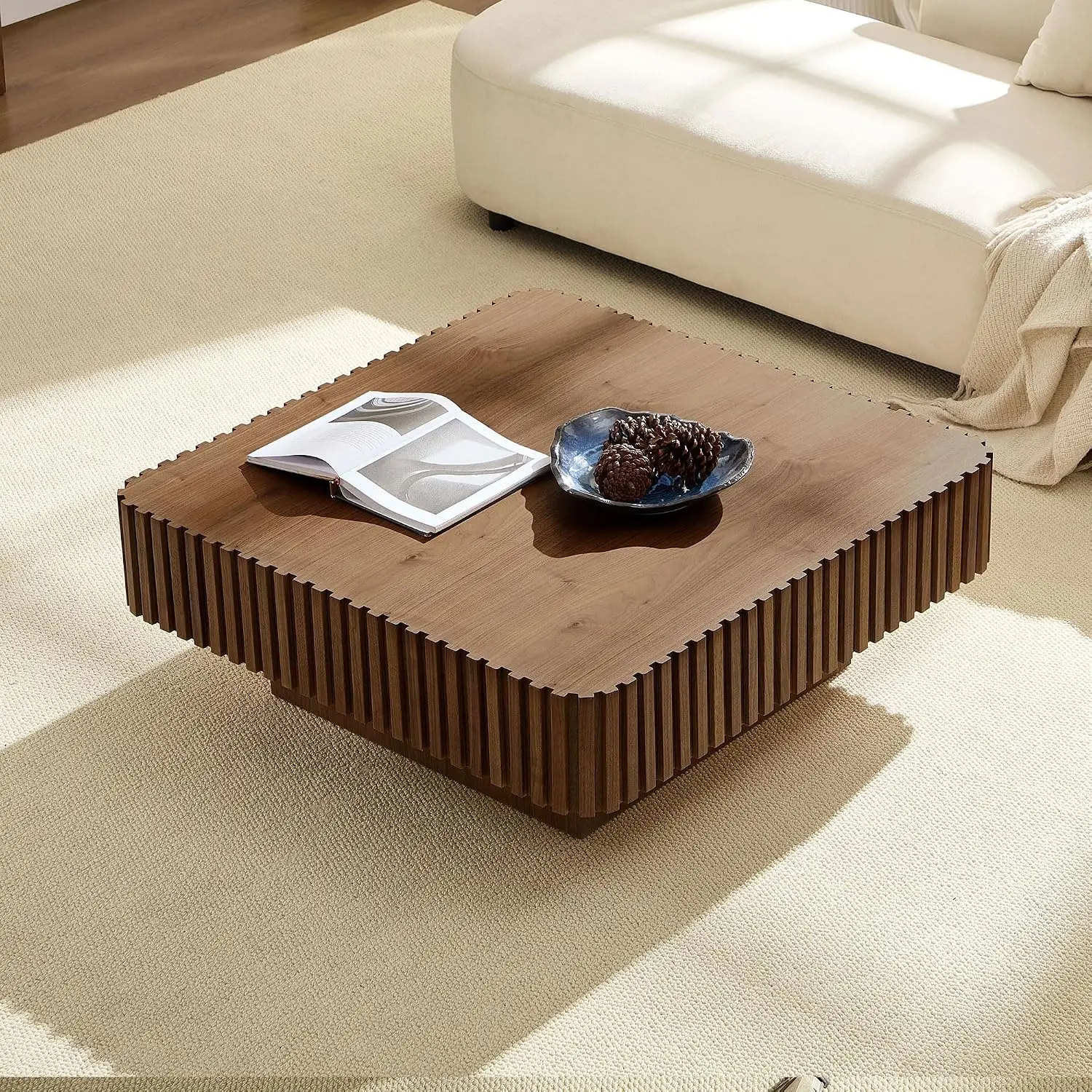 Square Wood Drum Coffee Table Accent Table Minimalist Fluted Walnut 35.43
