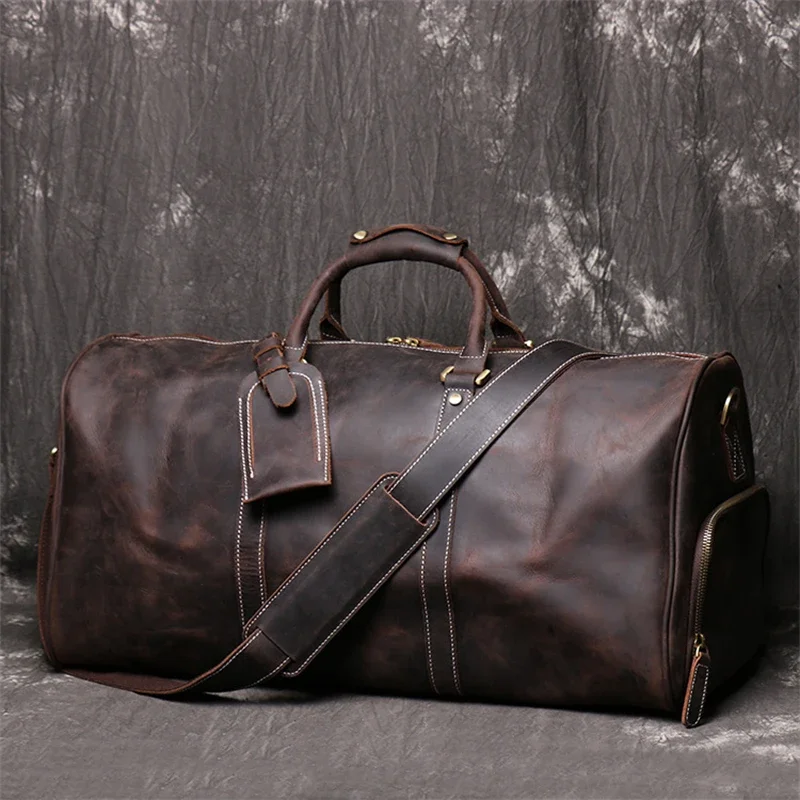 Highend Vintage Brown Black Large Big Thick Genuine Crazy Horse Leather Business Men Travel Bag Cowhide Male GYM Duffle M1108