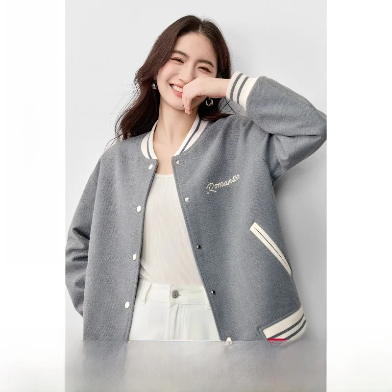 

Academy Style Women's Jacket 2026 Stripe Baseball Collar Embroidery Shoulder Drop Slanted Wool Thick Baseball Uniform Outerwear