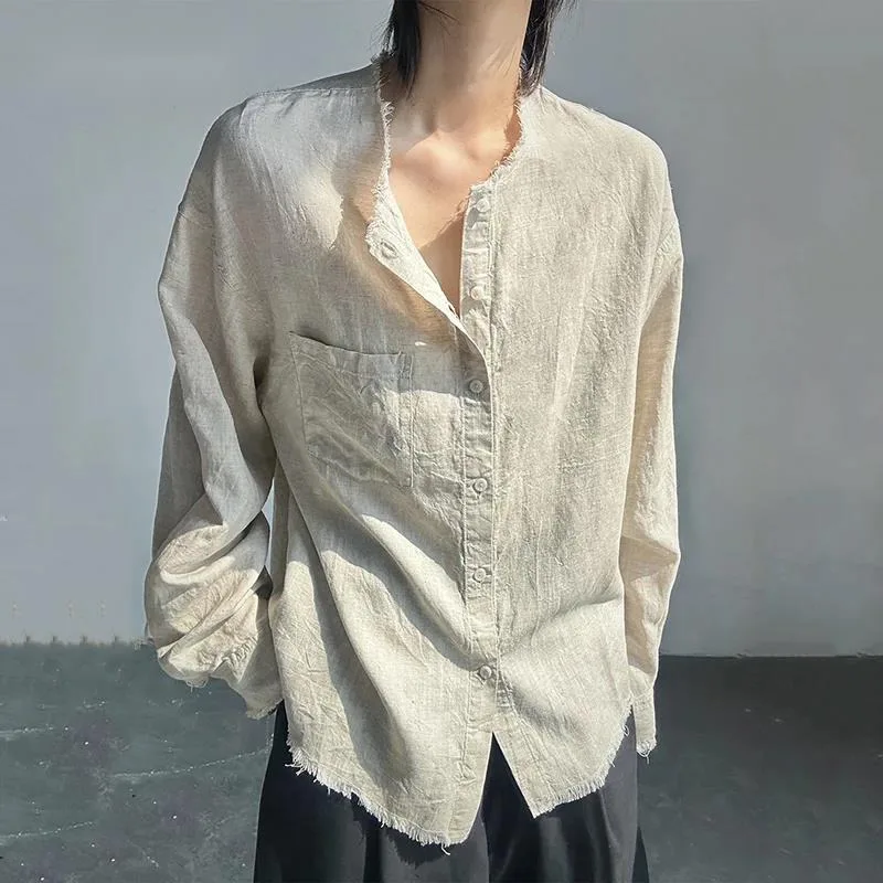 Men's Shirt New Round Collar Raw Edge Solid Color Pocket Sun-protective Long Sleeved Single Breasted Loose Male Top LZ8Y