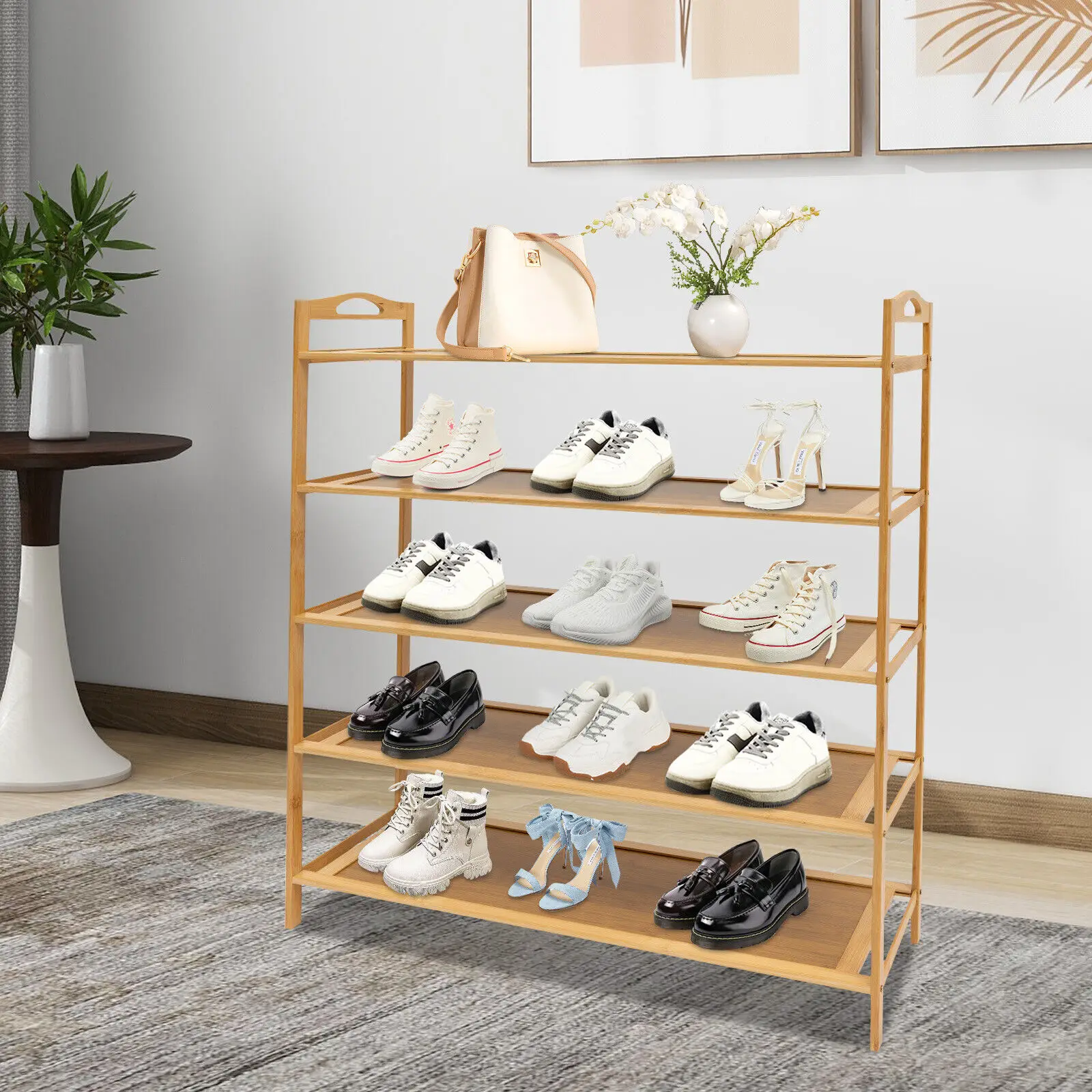 

5 Tier Bamboo Shoe Rack for Entryway Space Saving Floor Standing Shoe Shelf Cabinet Organizer Modern Natural Storage Solution