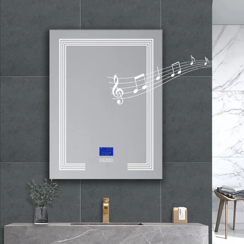 Makeup Large Rectangle Blue Tooth Speaker Antifog Clock Touch Sensor Switch Bathroom LED Mirror