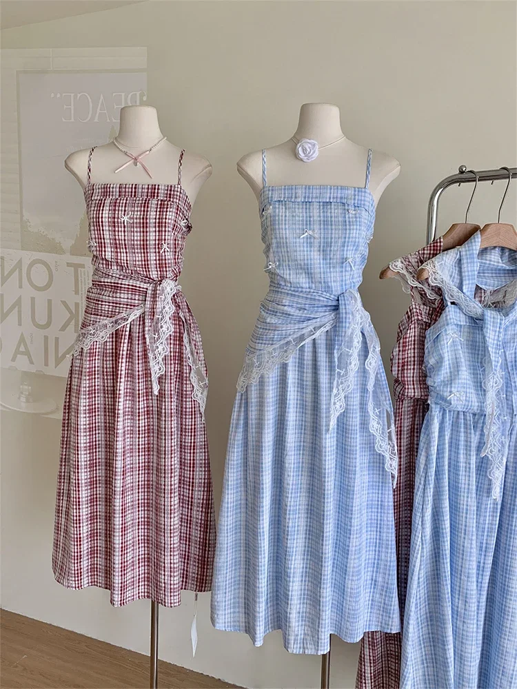 Summer French Vintage Mori Girl Long Plaid Dress Women Coquette 2000s Aesthetic Spaghetti Strap One-Piece Frocks Cottage Core