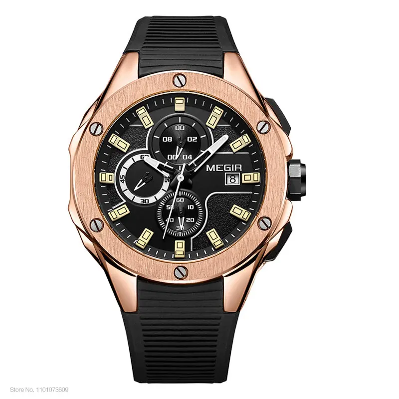 MEGIR Men's Sports Quartz Watches Fashion Silicone Strap Chronograph Wristwatch for Man Luminous Hands Waterproof 2053GBK