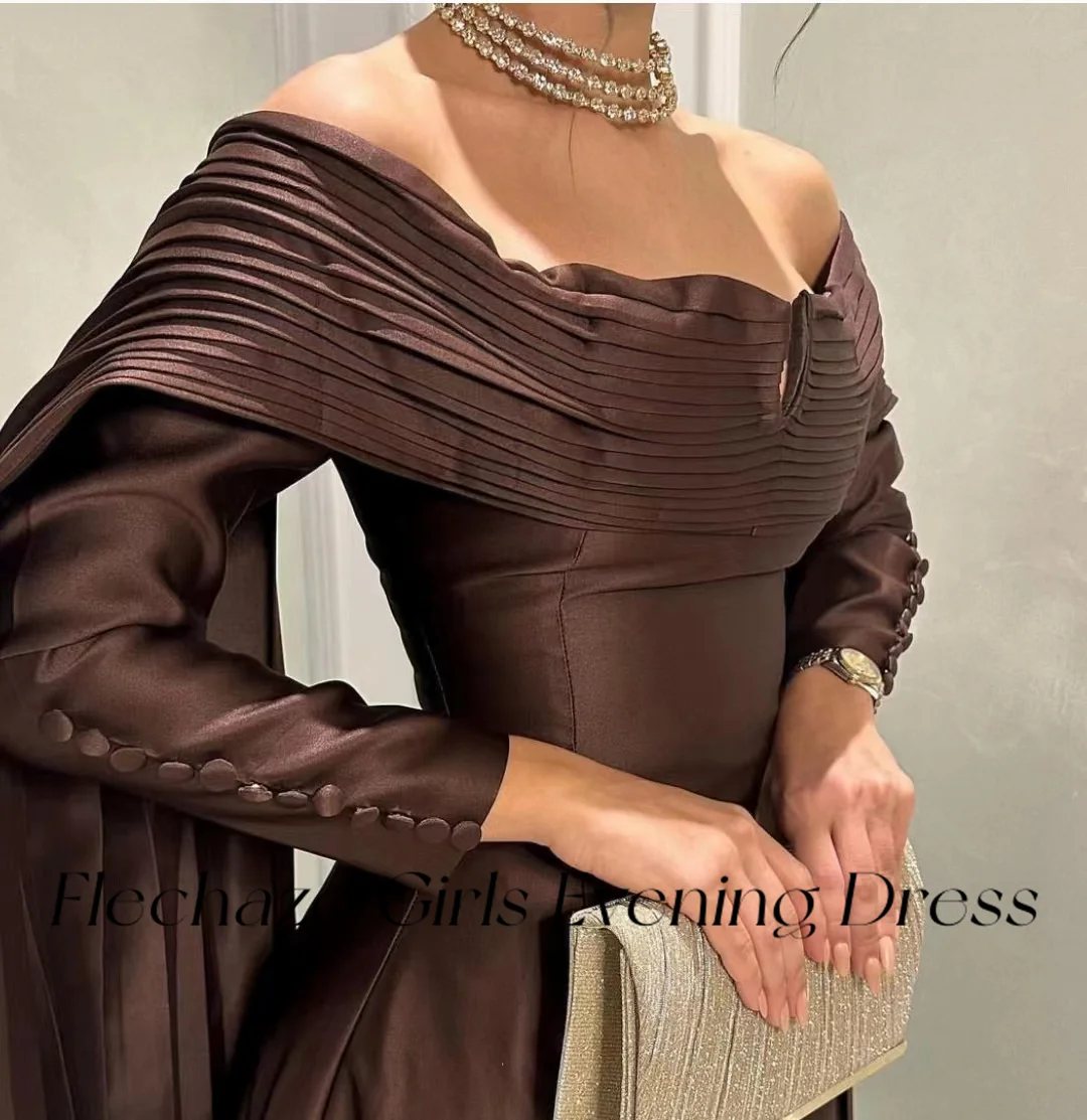 Flechazo Brown Prom Dresses Off Shoulder Pleated Floor-Length Full Sleeves Party Occasion Dress For Women 2024 فساتين السهرة