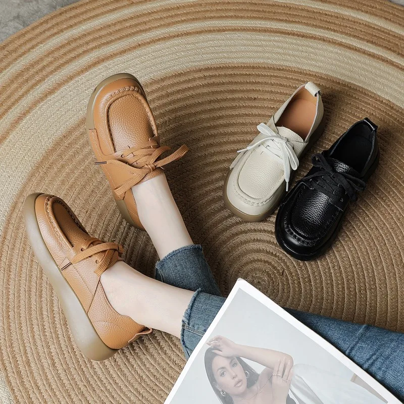 AIYUQI Women Genuine Leather Casual Sneakers Retro Lace‑Up Women Flat Loafers Non‑Slip Ladies Daily Walking Shoes