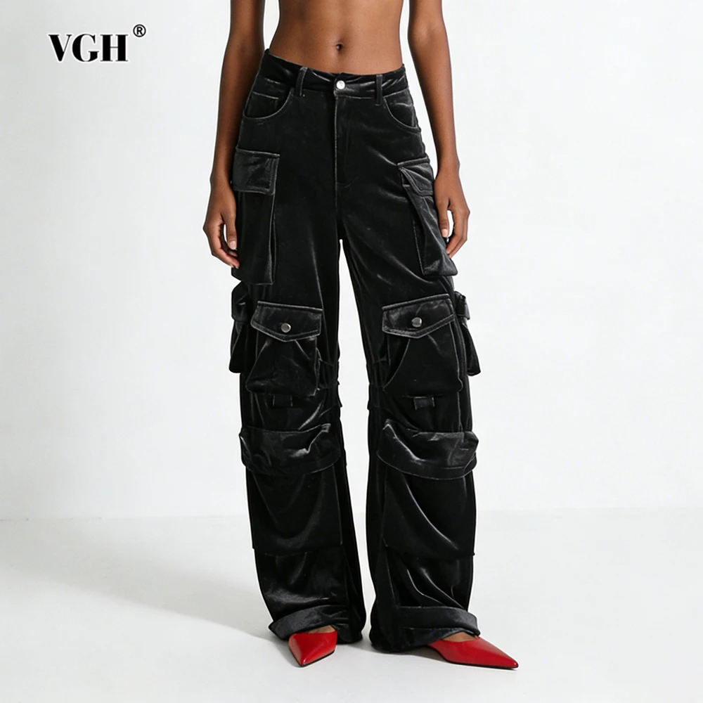 VGH Design Sense Solid Velvet Overalls For Women High Waist Spliced Pockets Autumn Temperament Loose Trousers Female Fashion New