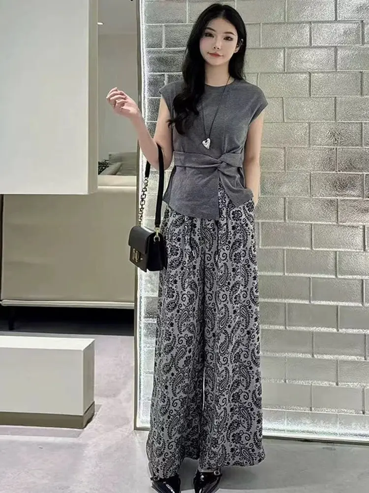 

2025 Summer French Style Age Reduction Set Sleeveless Knot Design Short Top+Print High Waist Wide Leg Pants Two Piece Set