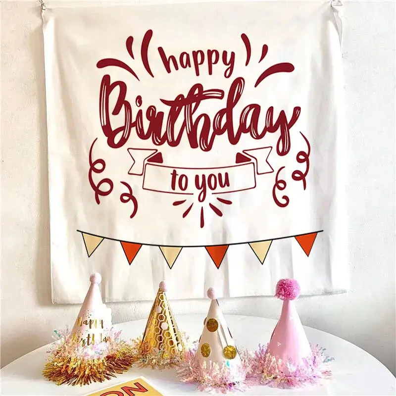 VIKAMA Cartoon Cake Candles Birthday Tapestry, Color Strips Happy Birthday Wall Hanging for Bedroom Living Room Decor