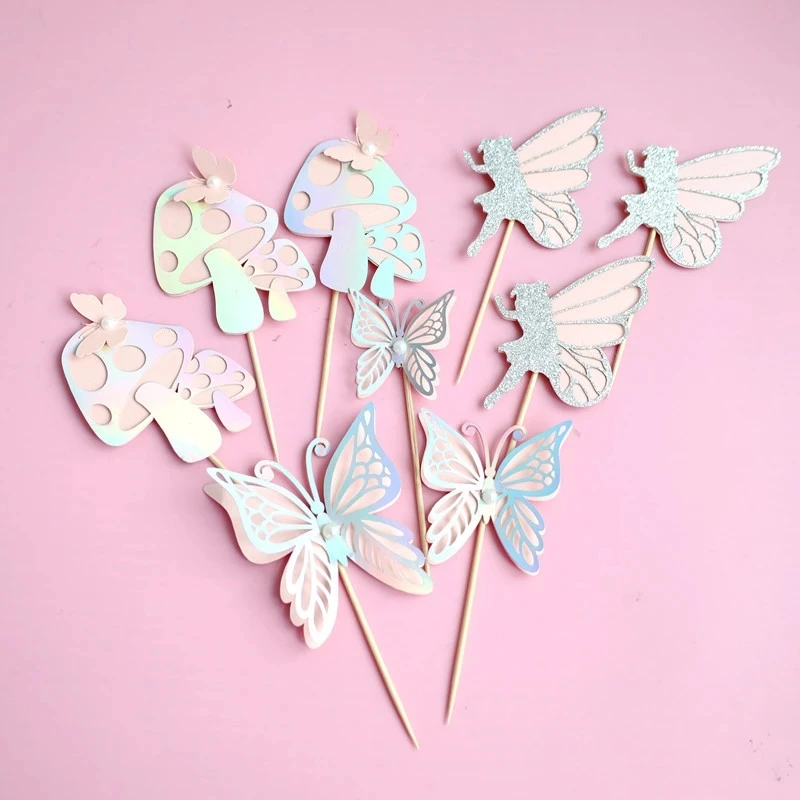 9Pcs Birthday Cake Insert Birthday Party Cake Decoration Paper Pink Fairy Mushroom Pearl Butterfly Fairy