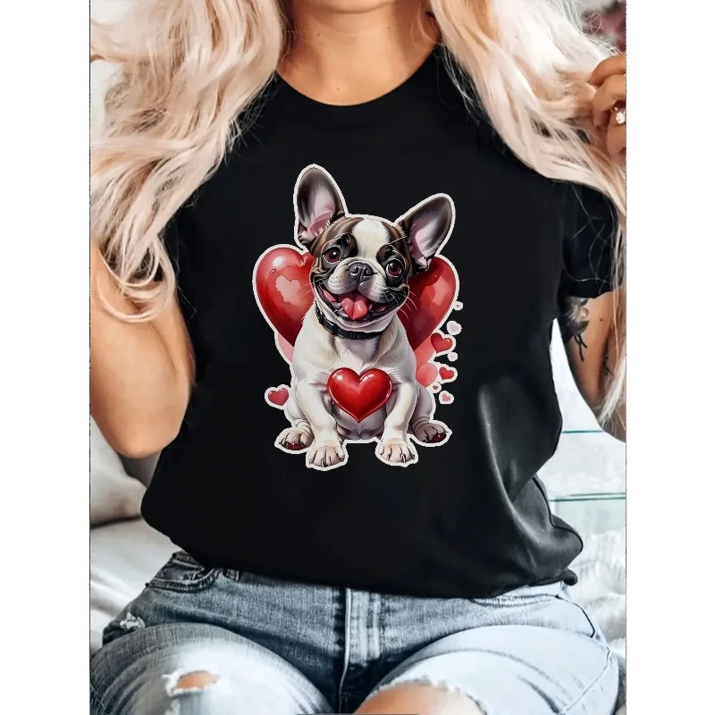 تي شيرت Fadou and Love مطبوع للسيدات لعيد الحب، تصميم Fadou باللونين الأسود والأحمر كاجوال برقبة دائرية وأكمام قصيرة #2