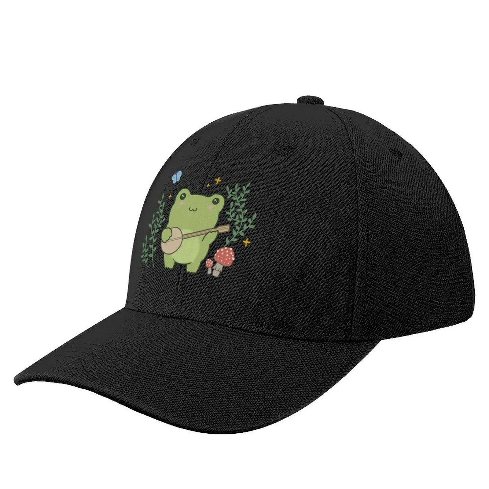 Cute Kawaii Frog Playing Banjo - Toad Plant Fungi Blue Butterfly - Cottagecore Aesthetic Mushroom - Chubby Phrog Baseball Cap