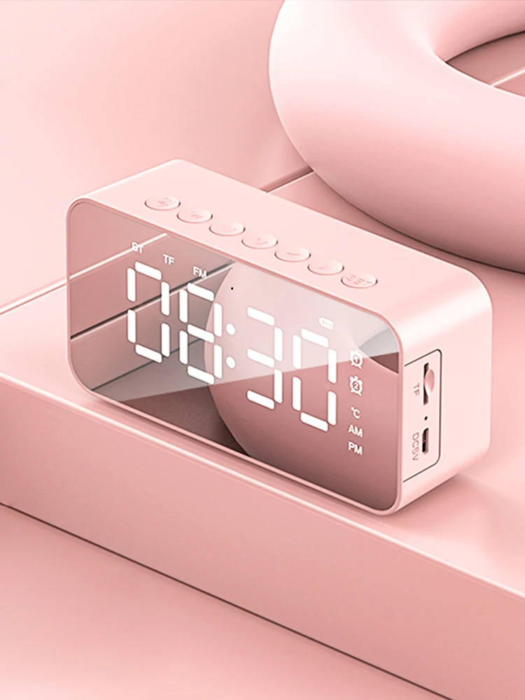 Desktop mini LED mirror digital clock, alarm clock bluetooth wireless audio cell phone speaker stereo sound effect,...