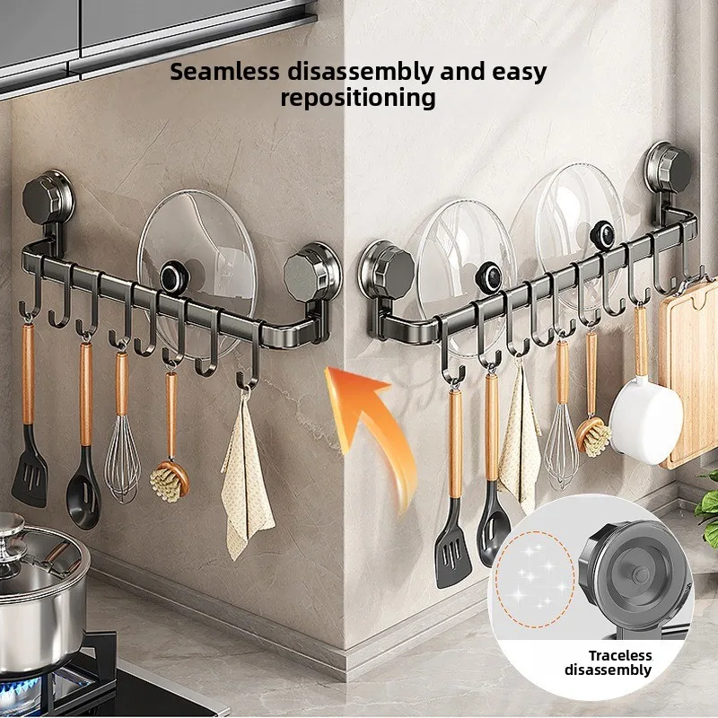 Suction Cup Kitchen Utensil Hanger, Stainless Steel Wall Mounted Hook Rail, No Drill Storage Rack for Pots, Spoons, Tools