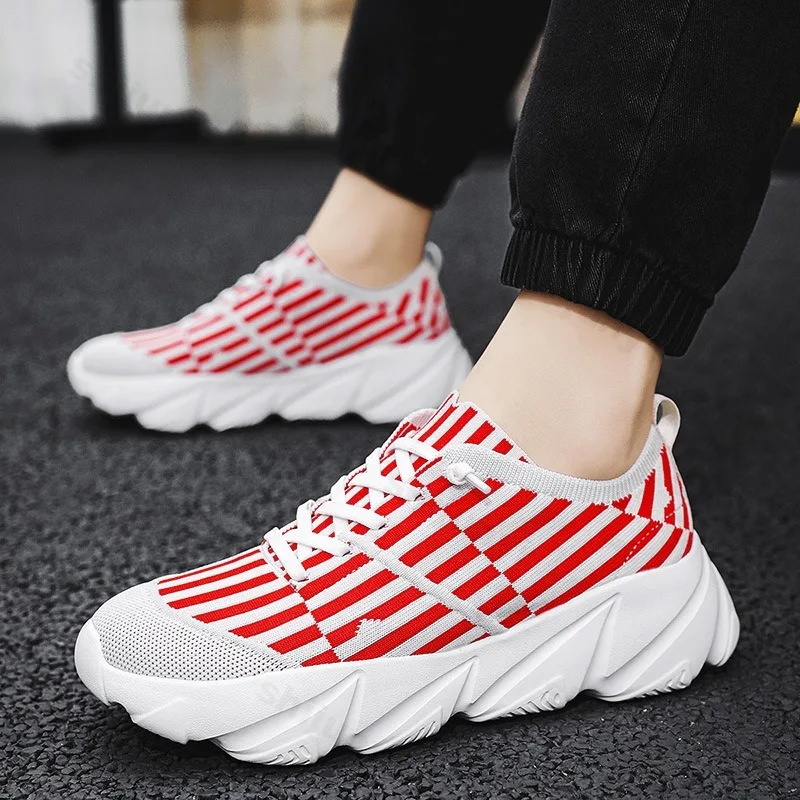

2025 Autumn New Men's Strip Design Fashion Casual Low Top Thick Sole Shoes Fly Weave Breathable Mesh Comfortable Chunky sneakers