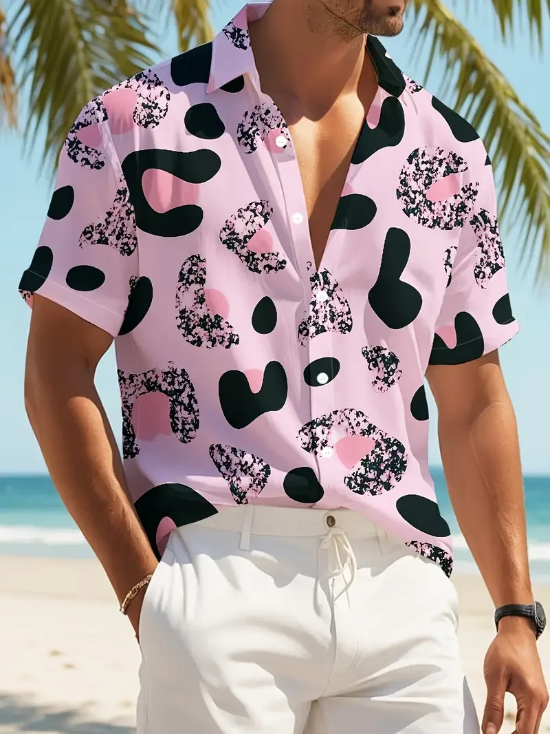 

Men's Casual Short Sleeve Shirt Pink & Black Abstract Geometric Print Summer Beach Shirt Outdoor & Casual Wear Vacation