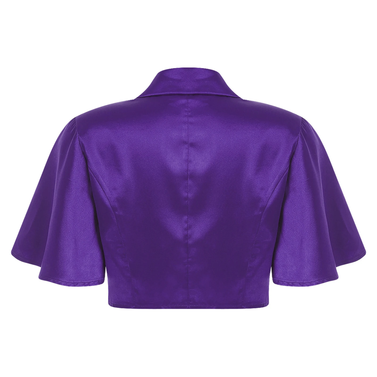 Womens Victorian Satin Jacket Crop Top Lapel Collar Flutter Sleeve Front Buttons Blouse Elegant Streetwear Office Classic Coat
