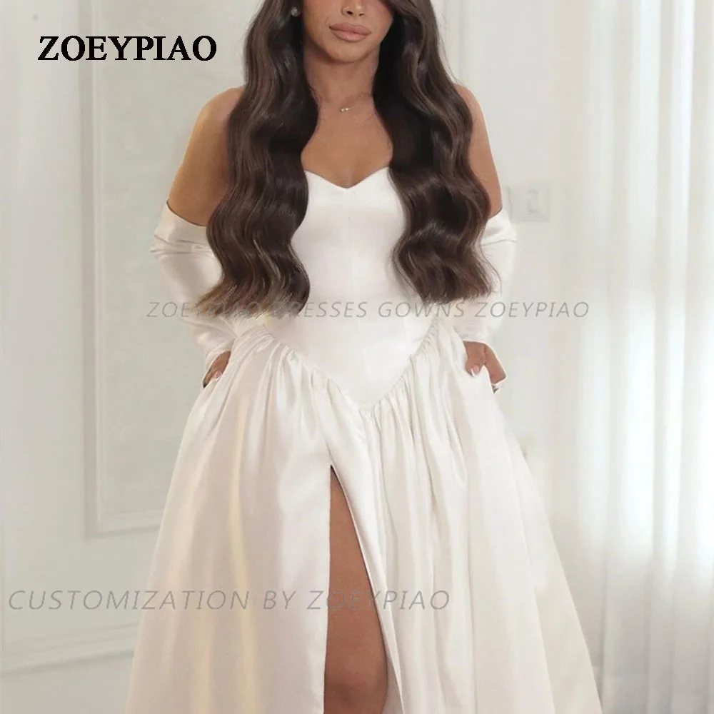 

Ivory A Line Satin Wedding Dress Sweetheart Side Slit Bridal Gown Long Sleeves Women Lace Up Bride Dresses vestidos novia 2024