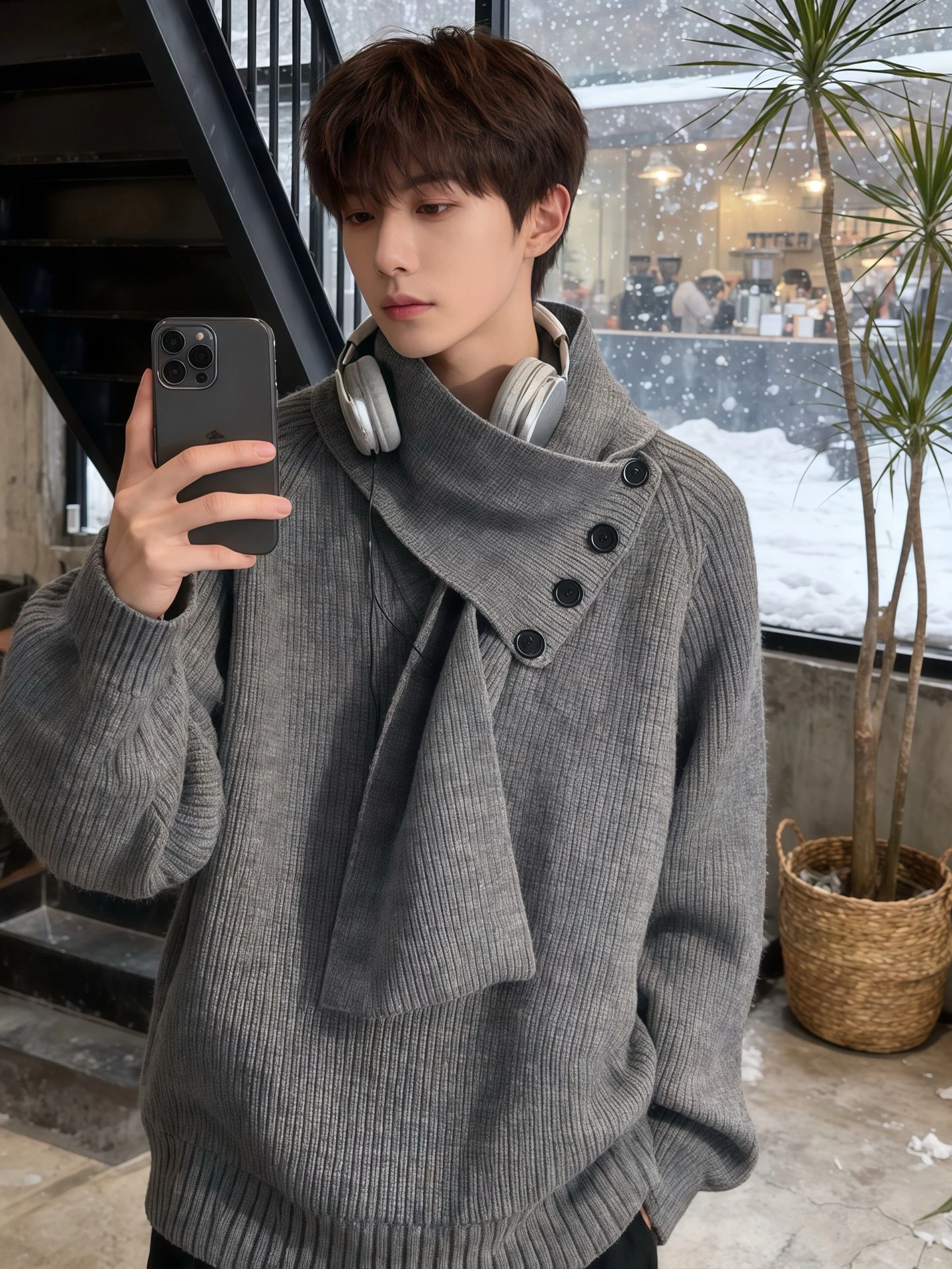 Men's 2025 Autumn Winter New Detachable Scarf Knitted Sweaters Solid Color Half Turtleneck Knitted Tops Male Handsome Knitwears