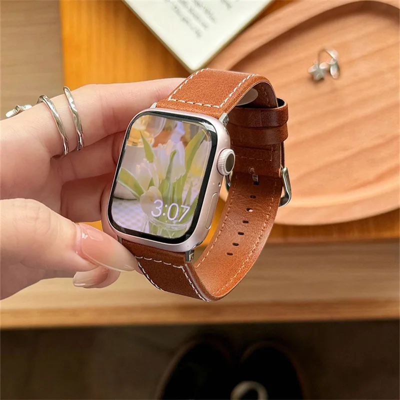 Korea Retro PU Leather Strap For Apple Watch Band 49mm 45 44 41 42 38 40 Correa Fashion Men Women Band For Watch Series 9 8 7 SE