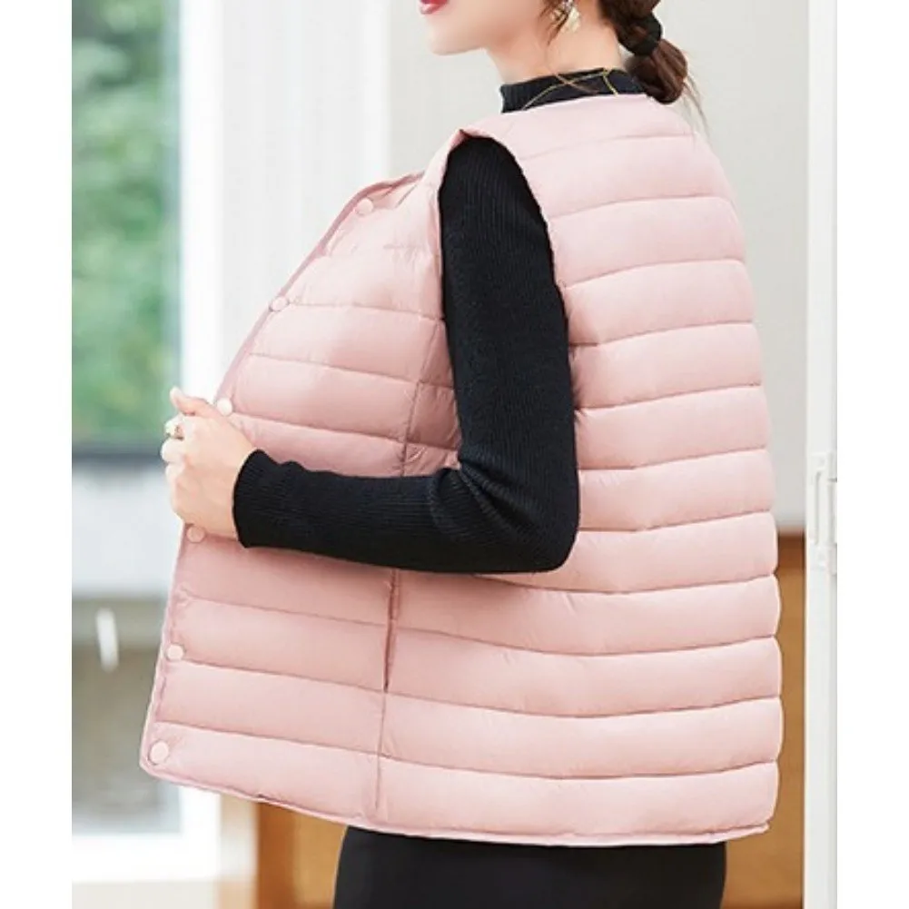 Round Collar Sleeveless Jacket Vest Plus Size Ladies Cardigan Khaki Solid Round Collar Jacket Solid Color Pattern