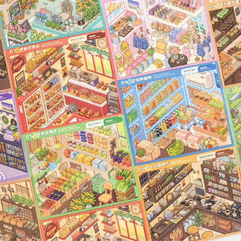 TIANZI 30-Piece Cartoon Miniature Scene Sticker Book DIY Creative Handmade Collage Decals Mini 3D Cottage Journal Materials