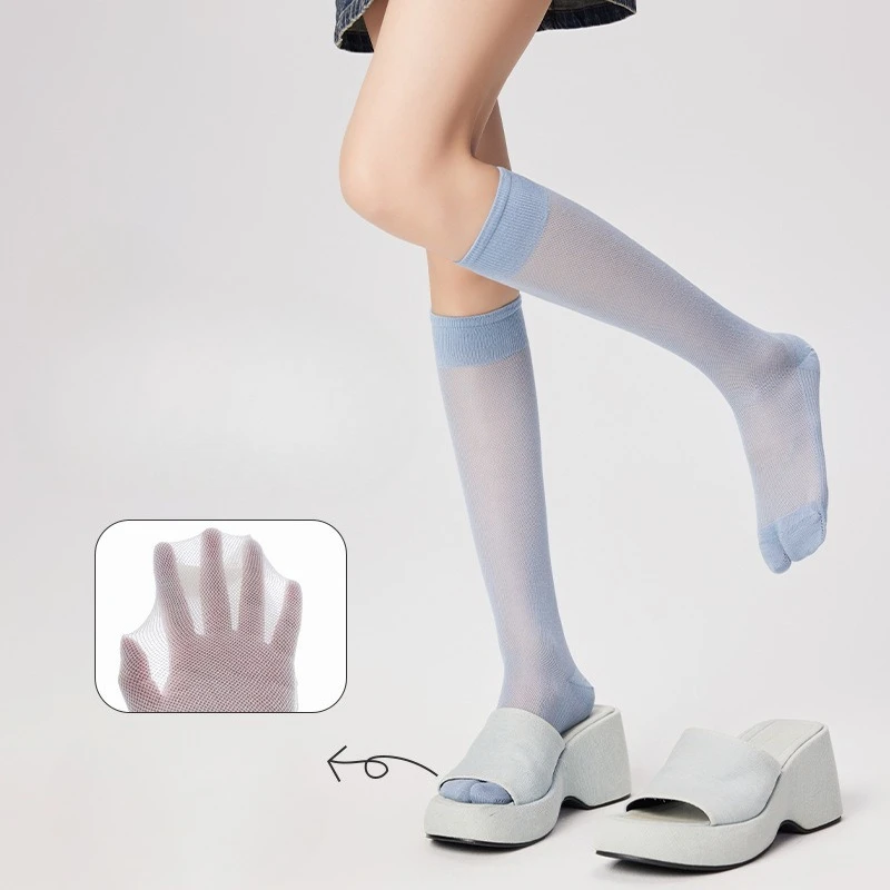 Soft Solid Color Knee High Women Stockings Summer Ultra-thin JK Transparent Two Toe Socks Hosiery Lace Mesh Slim Calf Long Socks