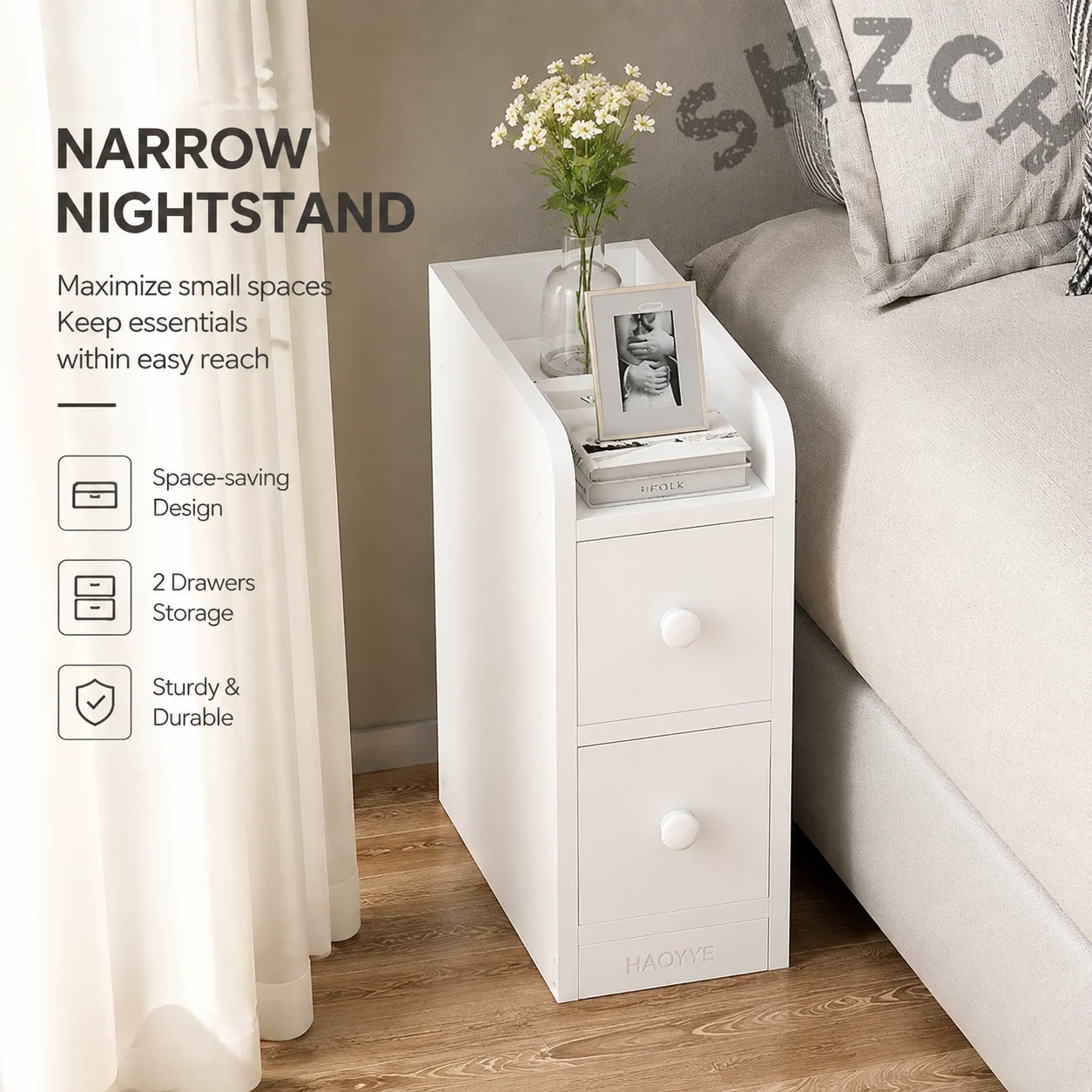 Minimalist Narrow Wooden Bedside Table – 20/25/30/40cm Width, Natural Fine-Grain Finish, Space-Saving Storage for Small Bedroom