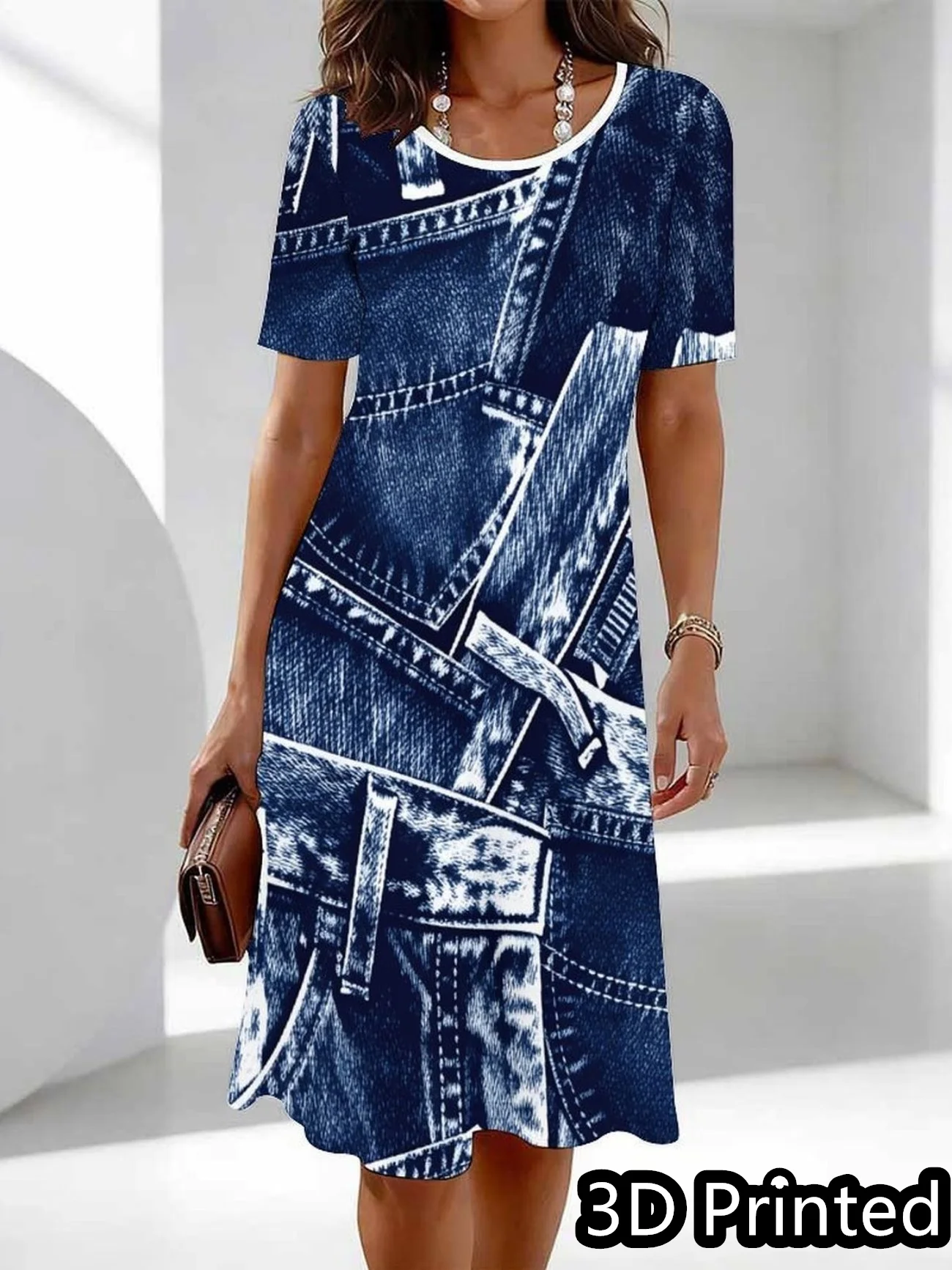 Big Size S-6XL Women's Printed Dress Summer Short Sleeve round Neck Casual Mini Dress