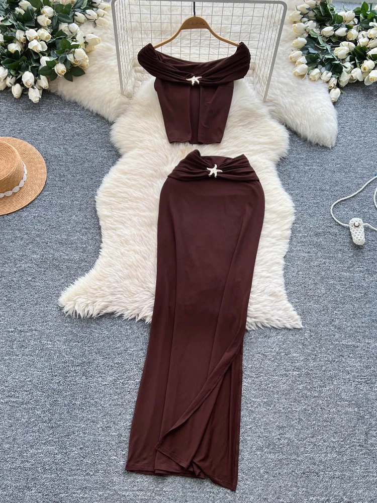 

Sexy ort oulder Bifured Women's Summer Faion Set High Waist Long Skirt ort Sve round Ne Crop Top And Long Skirt