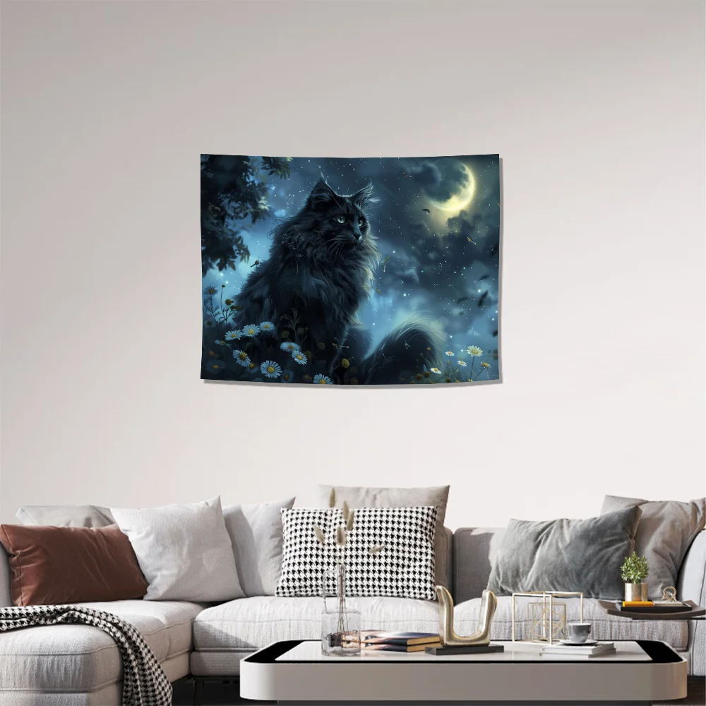 Cosmic Cat Moon Fantasy Tapestry Boho Wall Hanging Canvas Mural Bedroom Living Room Decor