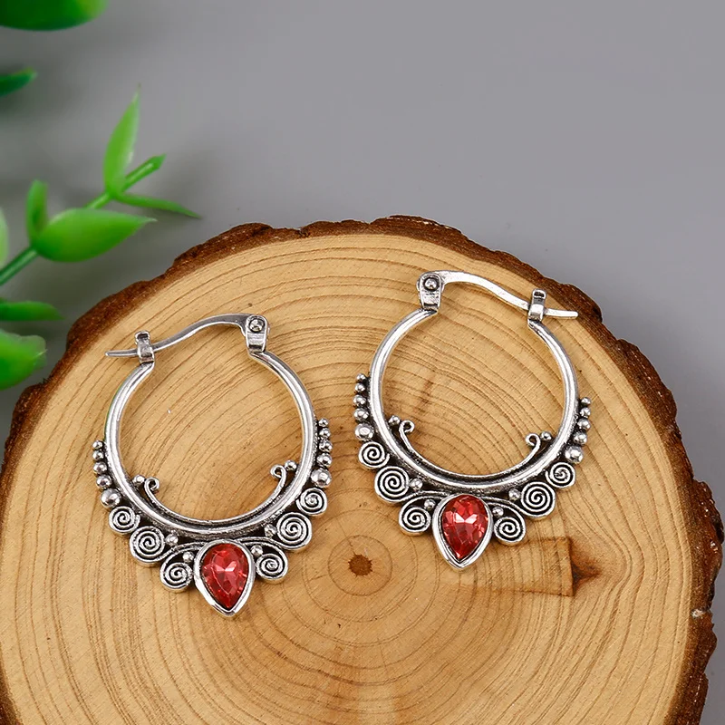 Pendientes de plata de aguja para mujer, aretes de aro de piedra roja, bohemios, joyería de fiesta de compromiso, 925