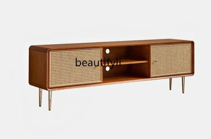 

Nordic Retro Solid Wood TV Cabinet Coffee Table Living Room Home Rattan High Leg Storage Side Cabinet Simple Modern